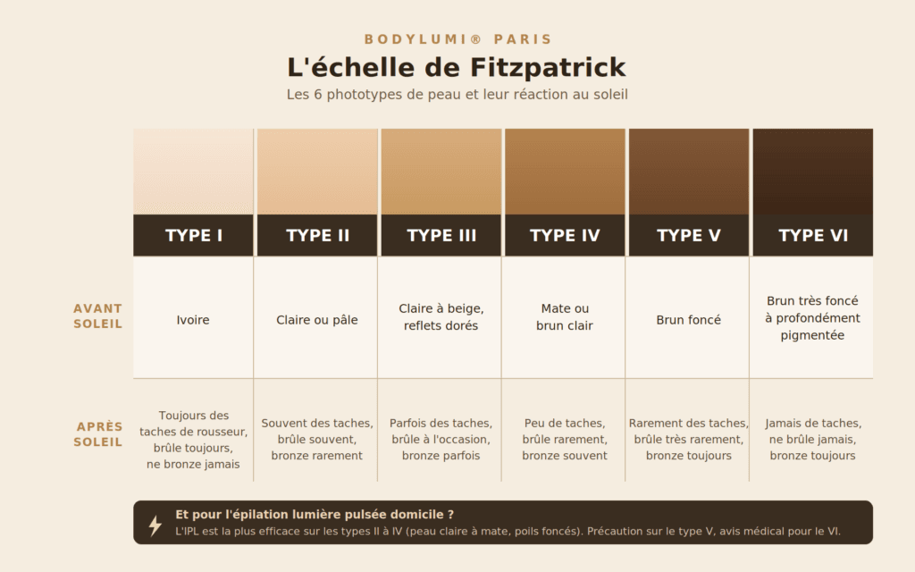 échelle de Fitzpatrick 6 phototypes en français réaction au soleil compatibilité épilation lumière pulsée domicile